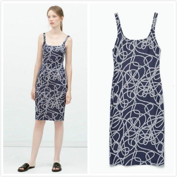 Zara‎ Trafaluc Chain Print Strap Sheath Dress Navy Bodycon Knit Womens Si… - Picture 1 of 6